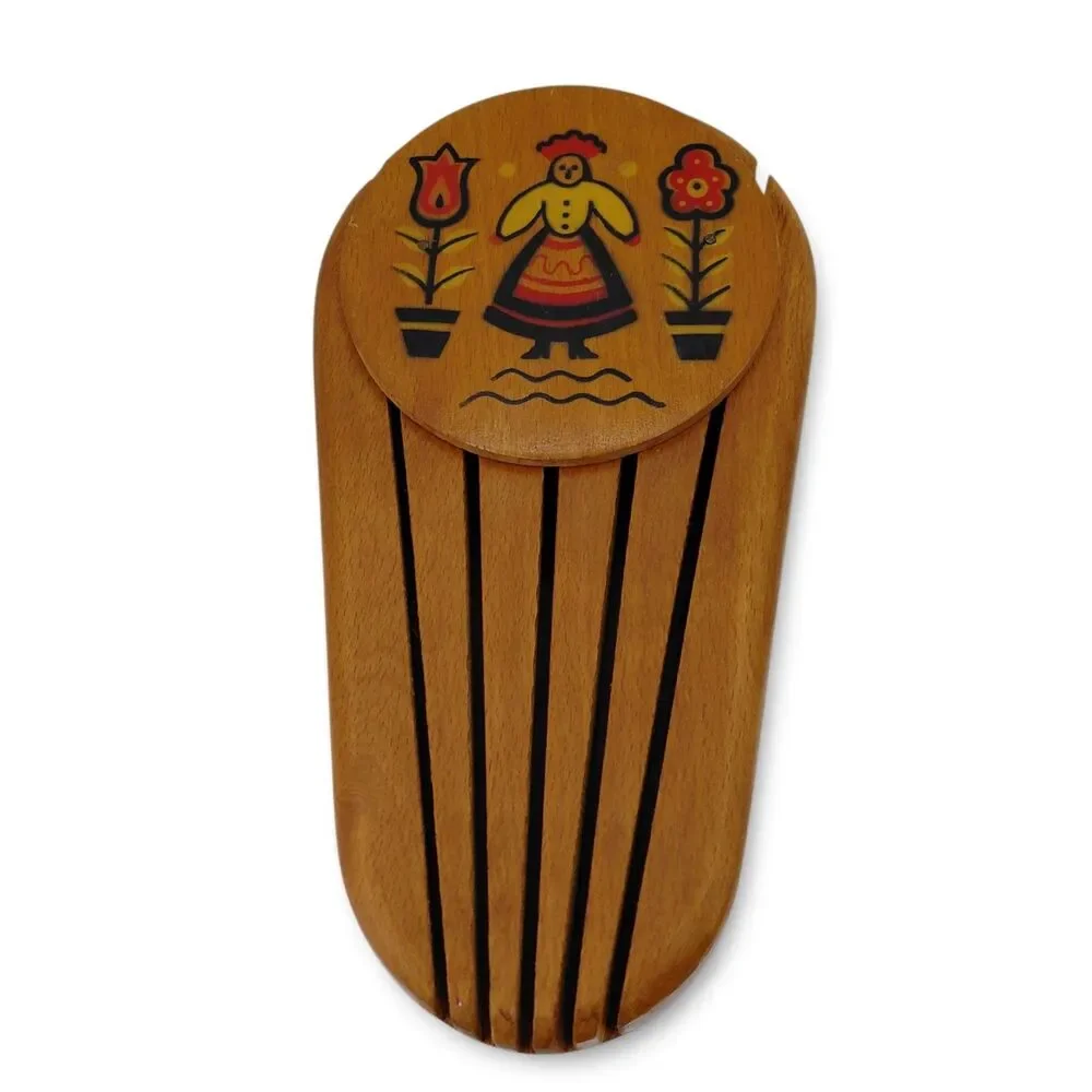 Vtg Mid Century Wooden Knife Block Wall Hanging Folk Art Yugoslavia Hand Painted